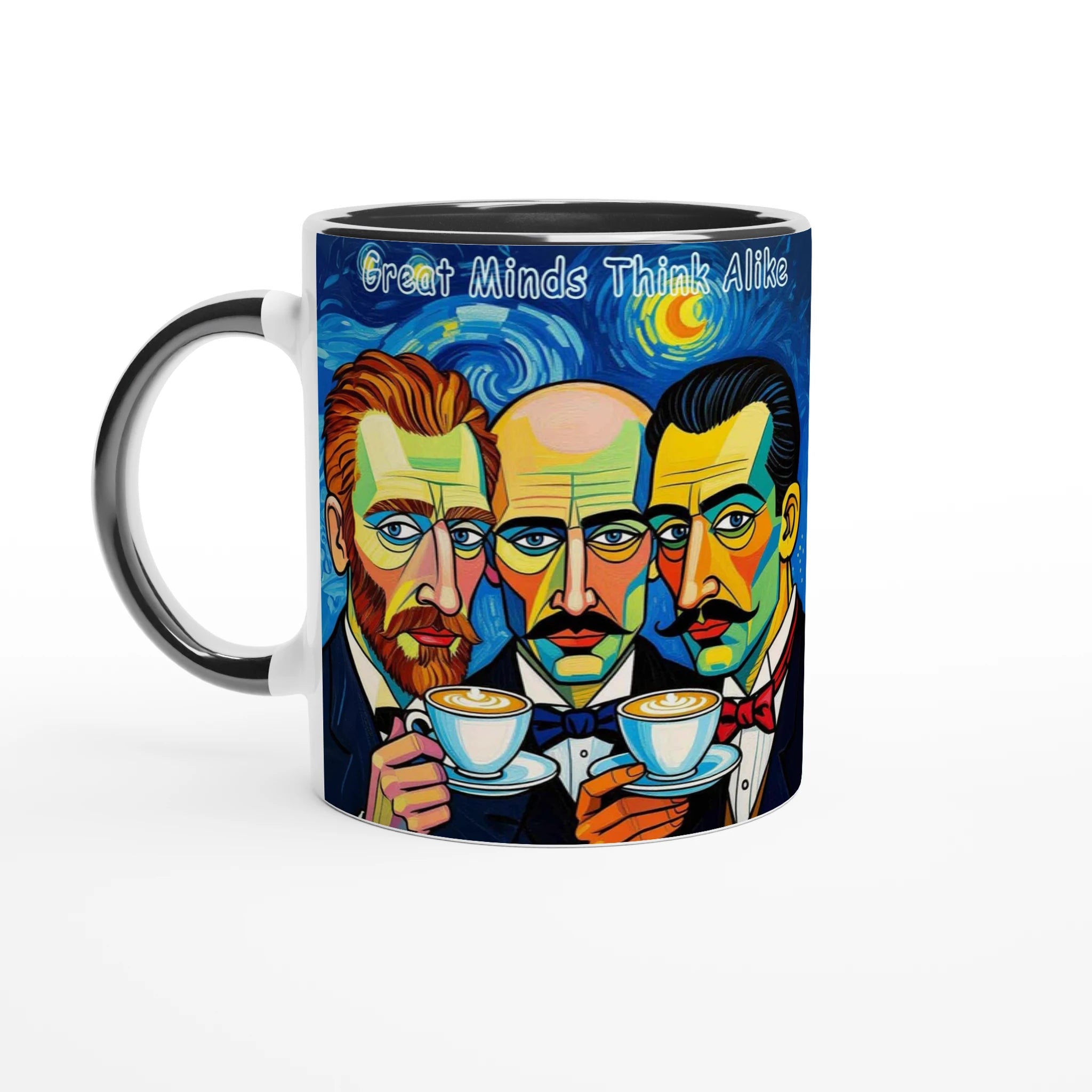 Mug with artistic depiction of three men drinking coffee and the text 'Great Minds Think Alike' on a white background.