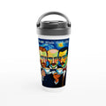 Tumbler with artistic design of three men holding coffee cups on a white background