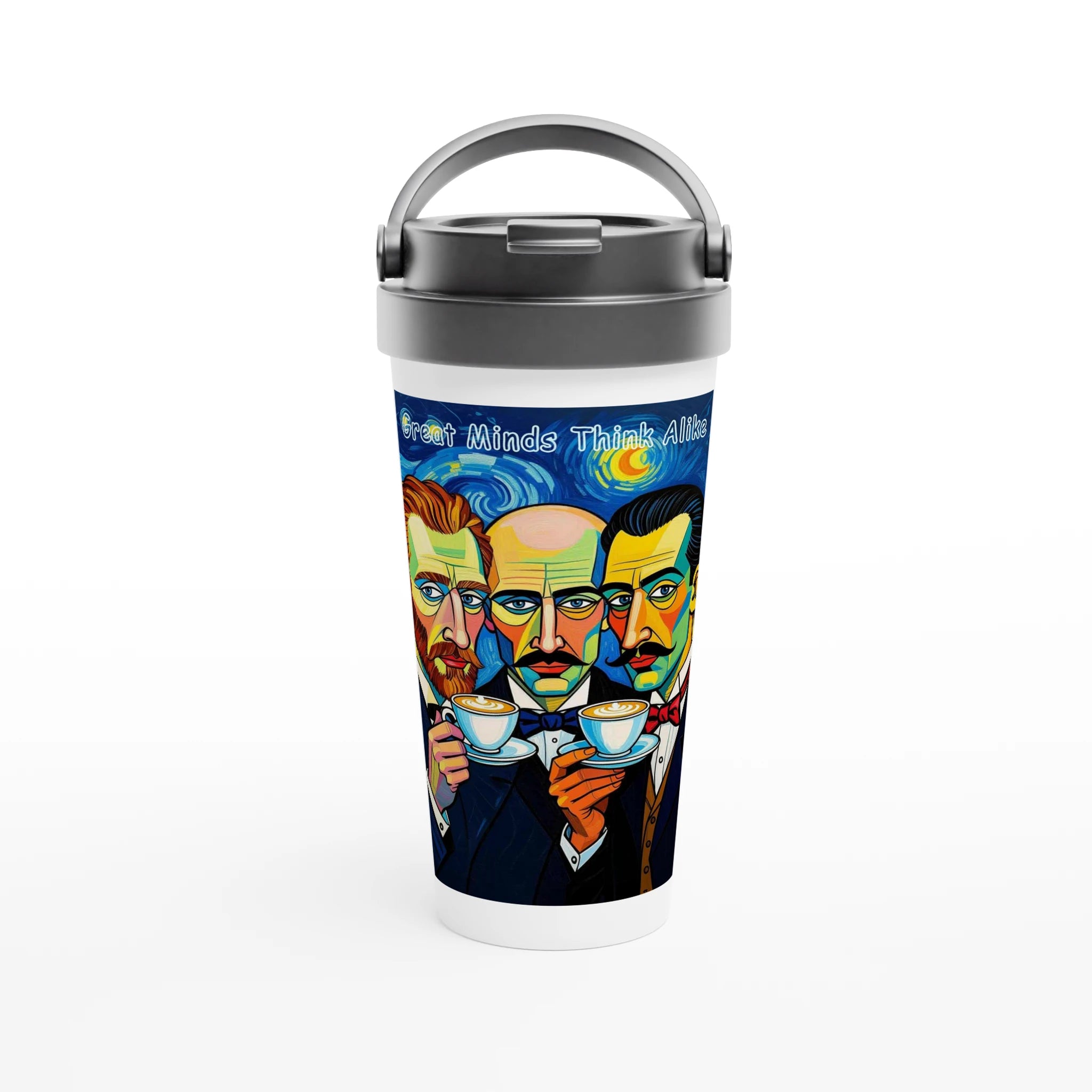 Tumbler with artistic design of three men holding coffee cups on a white background
