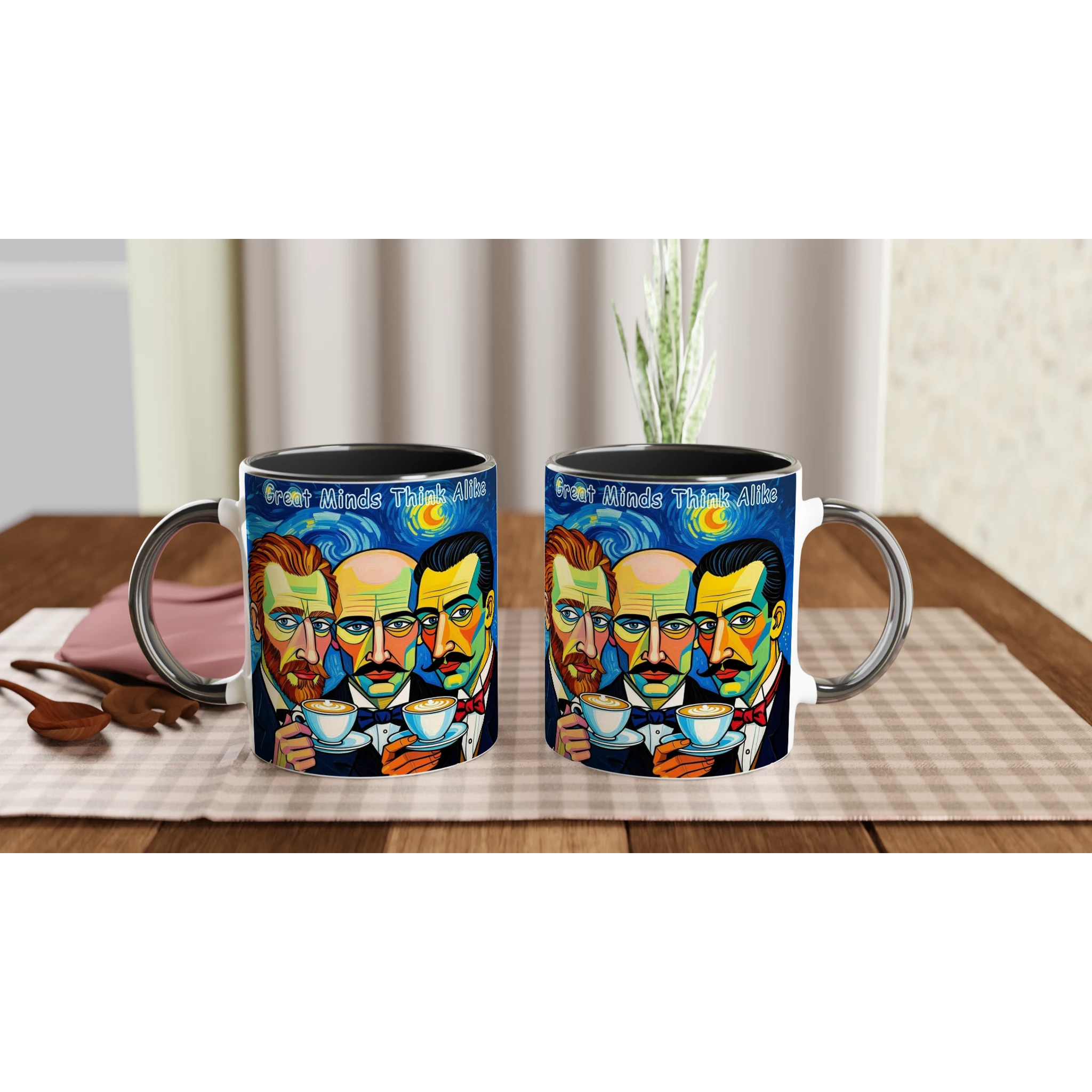 Great Minds Think Alike mug - Picasso Dali Van Gogh coffee art 11oz ceramic mug with black interior"