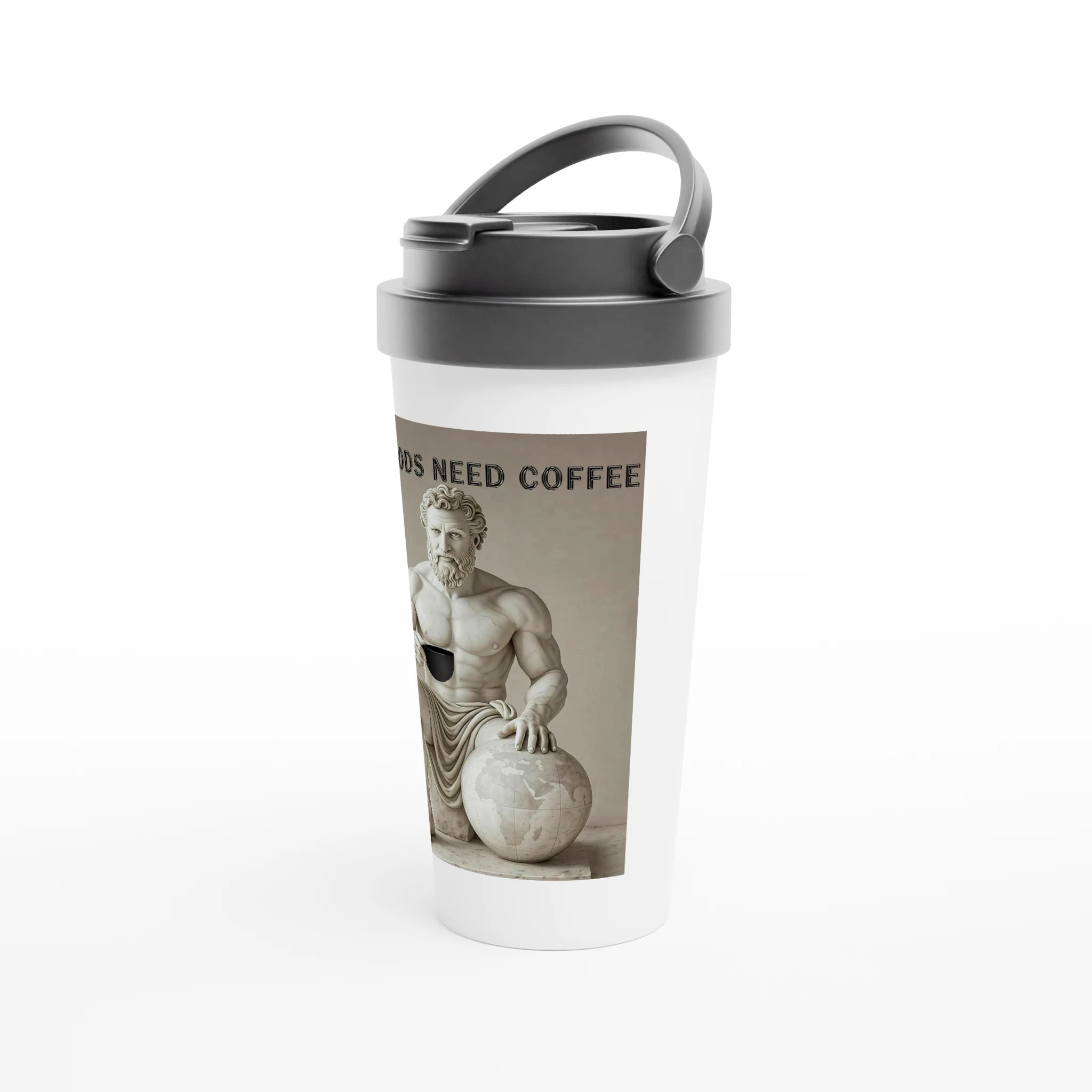 Tumbler with classical statue design and 'Gods Need Coffee' text on a white background