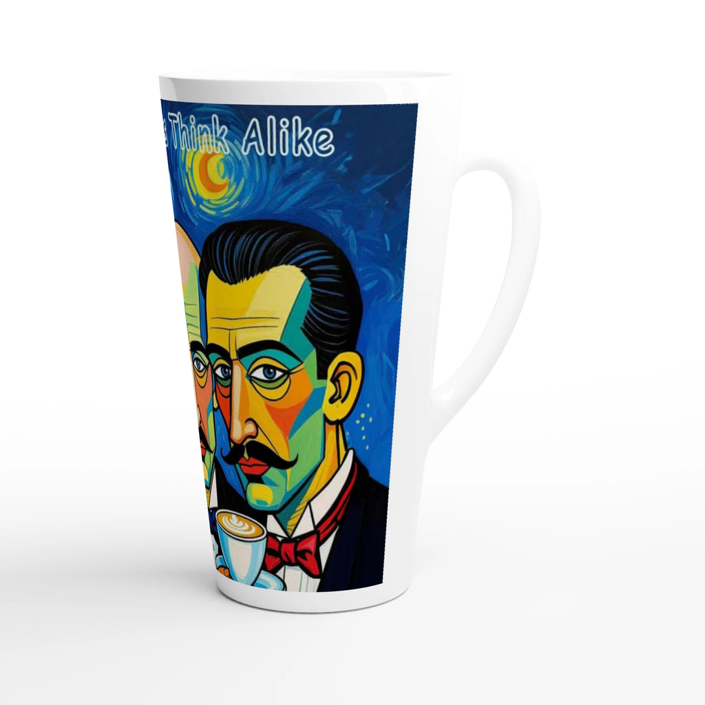 Mug with colorful portrait design and 'Think Alike' text on a white background