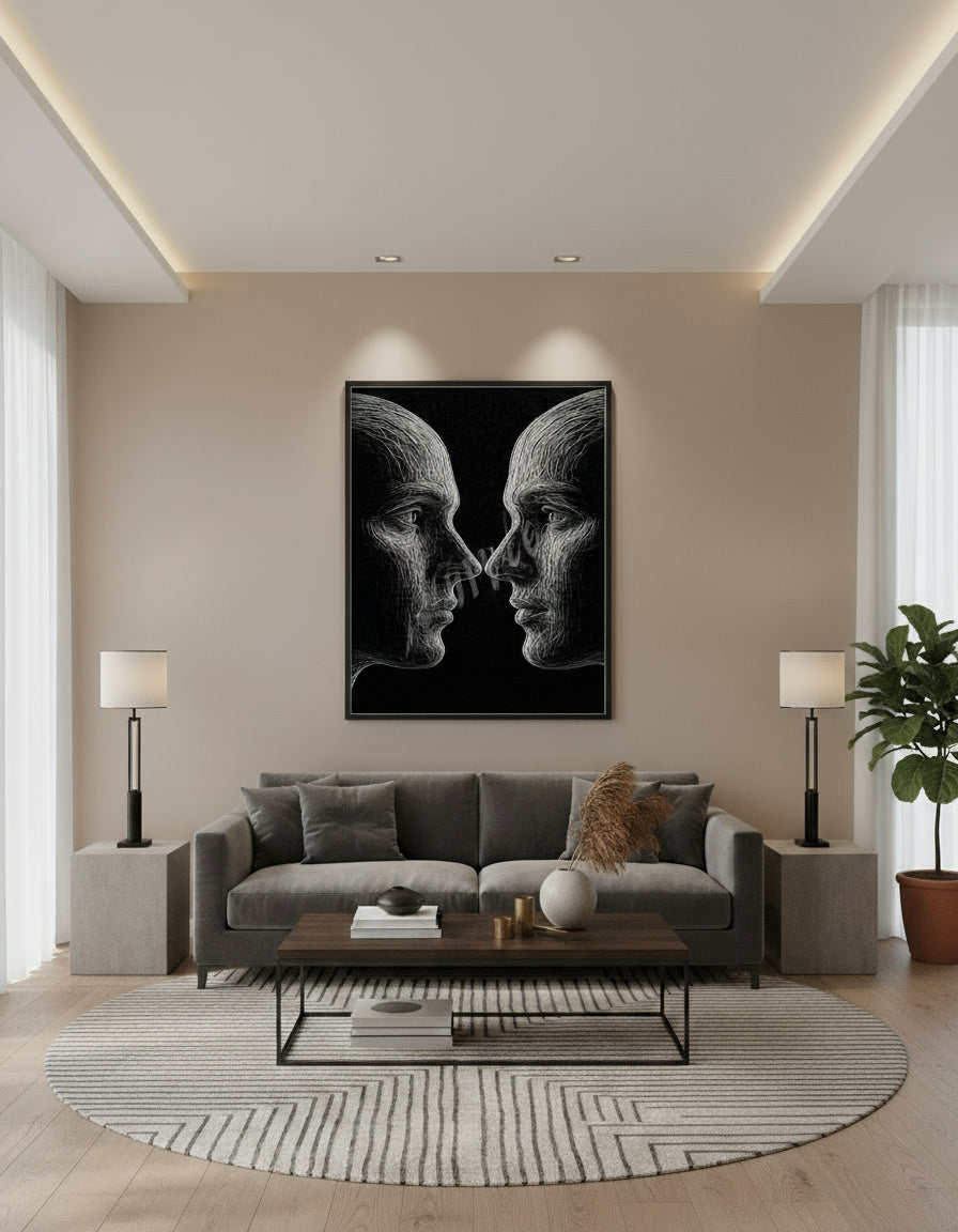 Black and white dual face optical illusion artwork in modern minimalist frame
