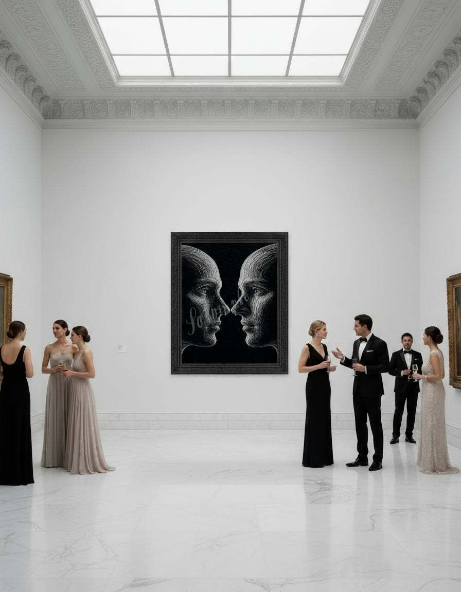 Art gallery with people admiring a black and white painting of two faces.