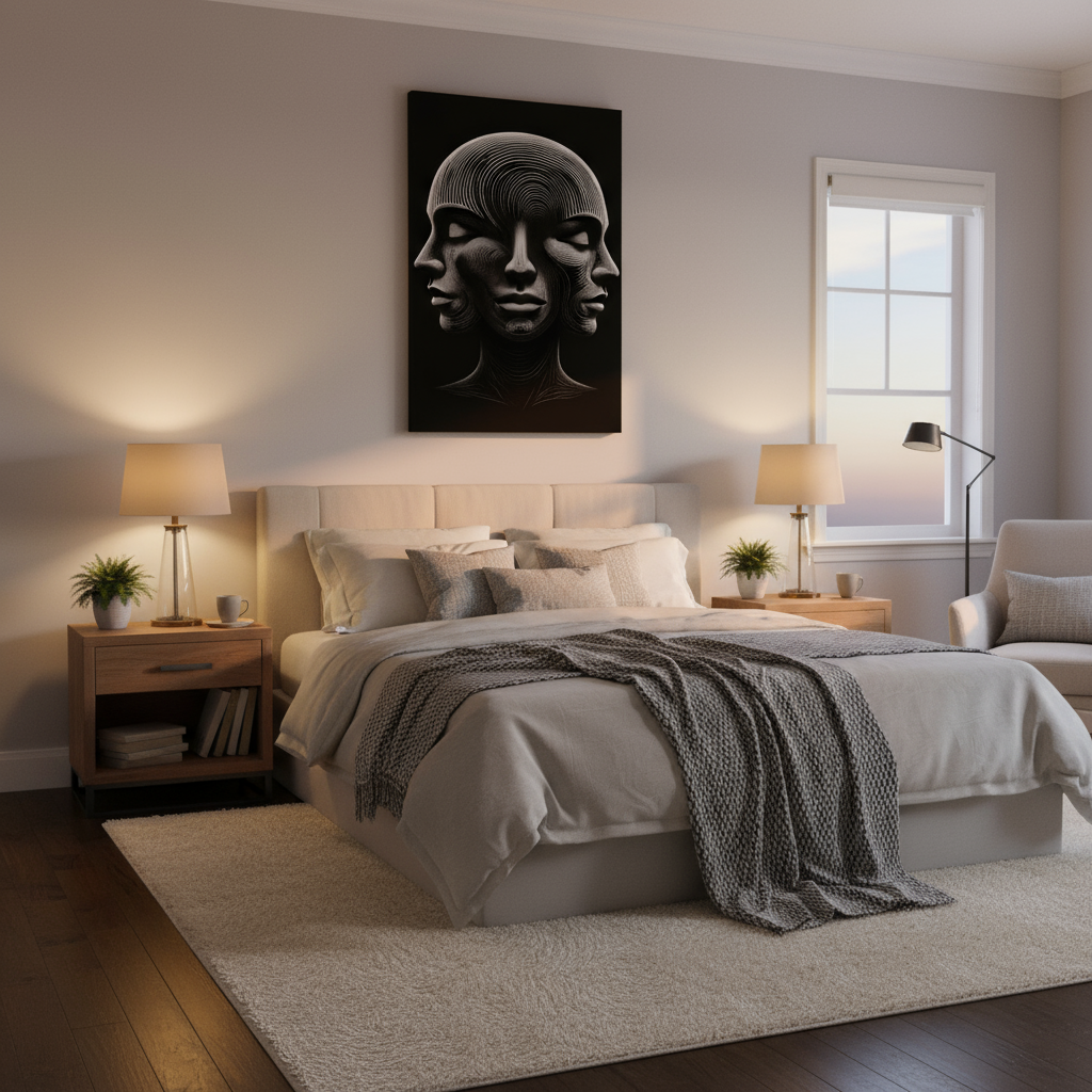 3 Faces Canvas Above Bed