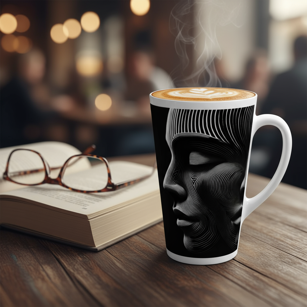 3 Faces Latte Mug on Cafe Table