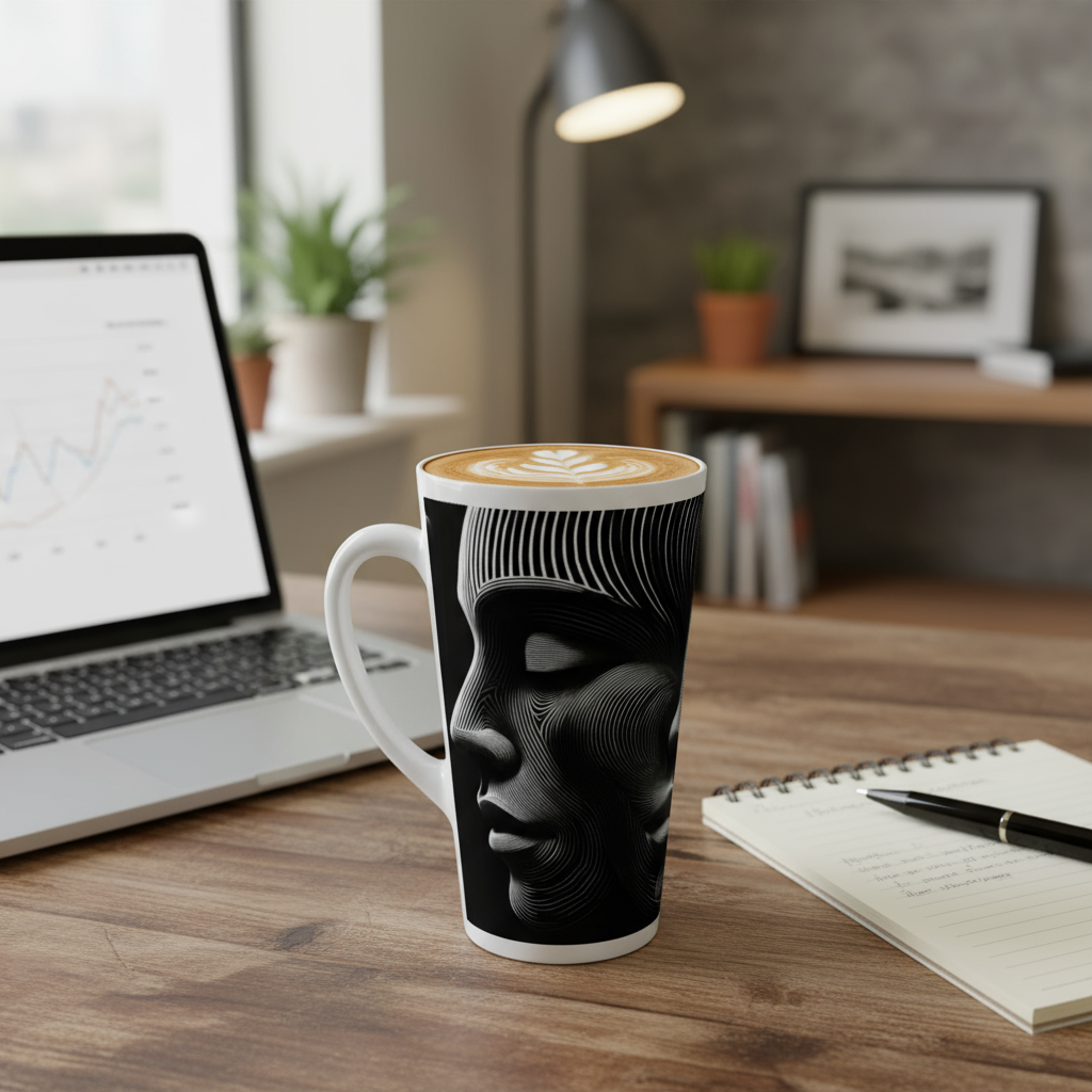 3 Faces Latte Mug on Office Desk