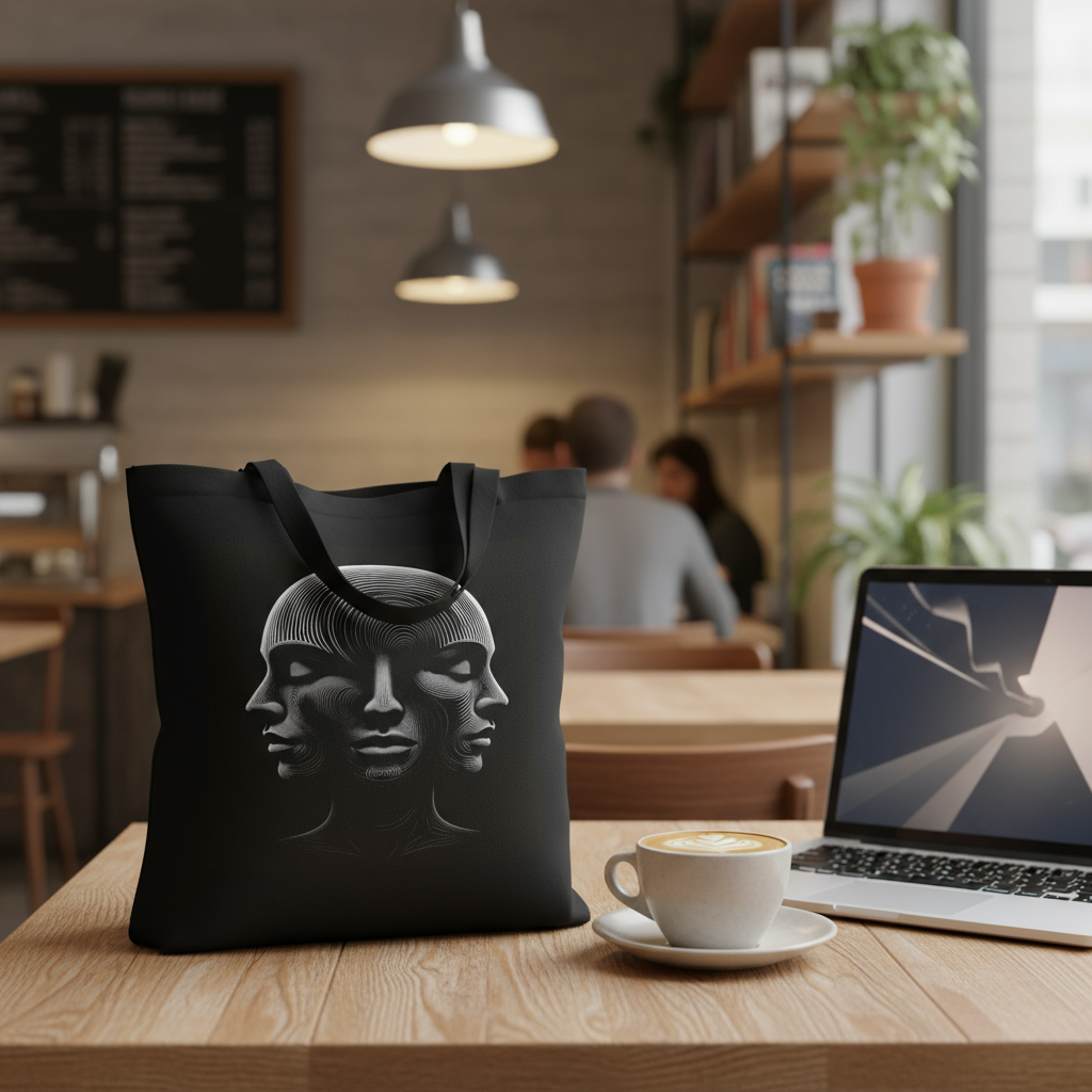 3 Faces Tote Bag on Cafe Table