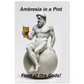 Statue of a Atlas holding a pint of beer with text 'Ambrosia in a Pint' and 'Food of the Gods!' on a white background.