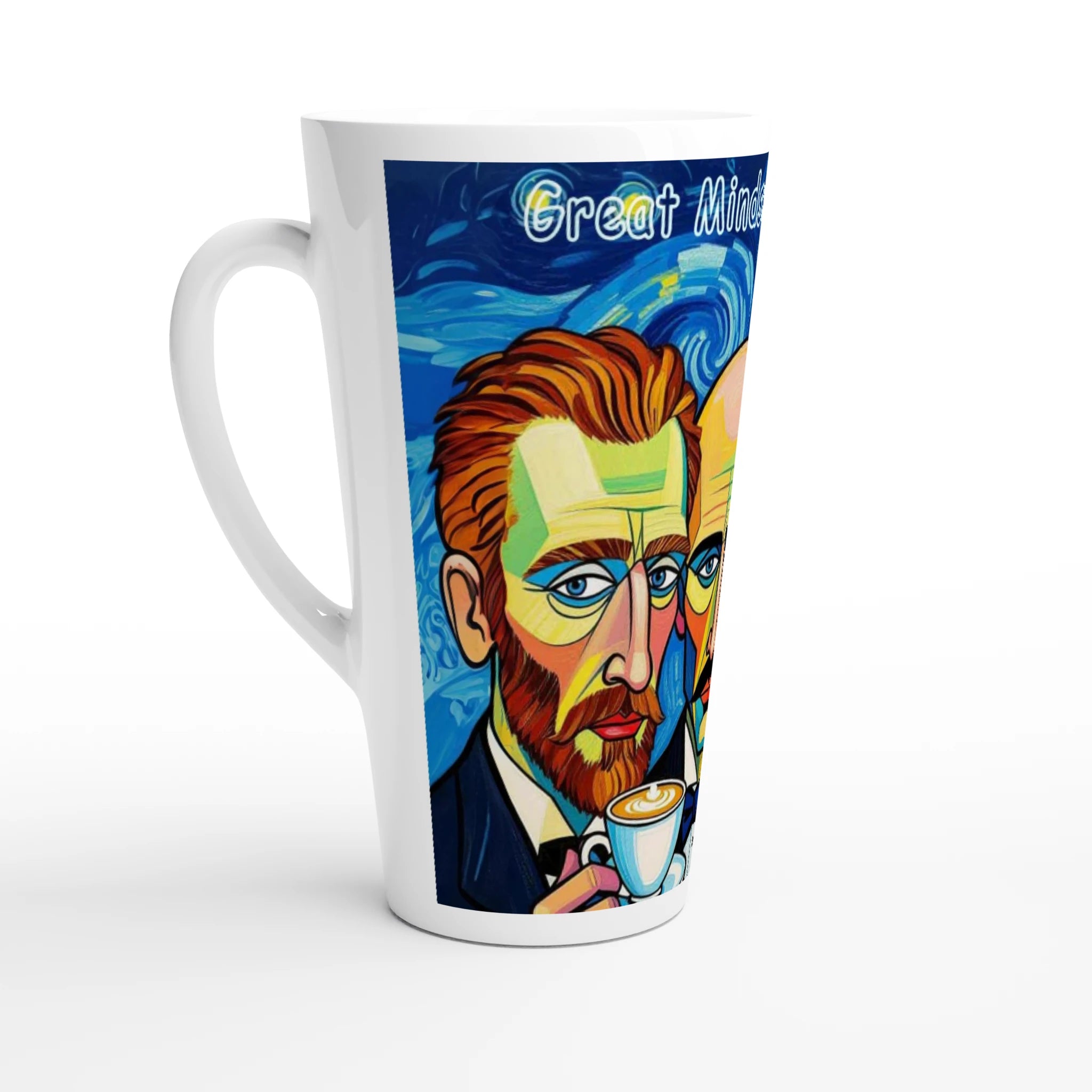 Mug with a colorful design of a famous artist holding a coffee cup on a white background