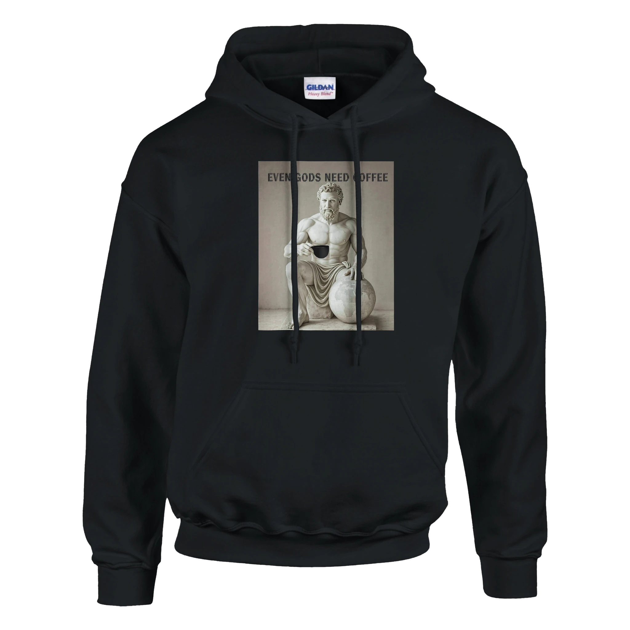Black hoodie with a graphic of a classical statue holding a cup and text 'Every god needs coffee' on a white background.