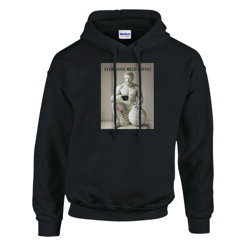 Black hoodie with a graphic of a classical statue holding a cup and text 'Every god needs coffee' on a white background.