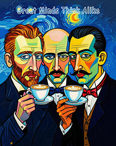 Three Master drinking coffee with a colorful abstract background and 'Great Minds Think Alike' text.