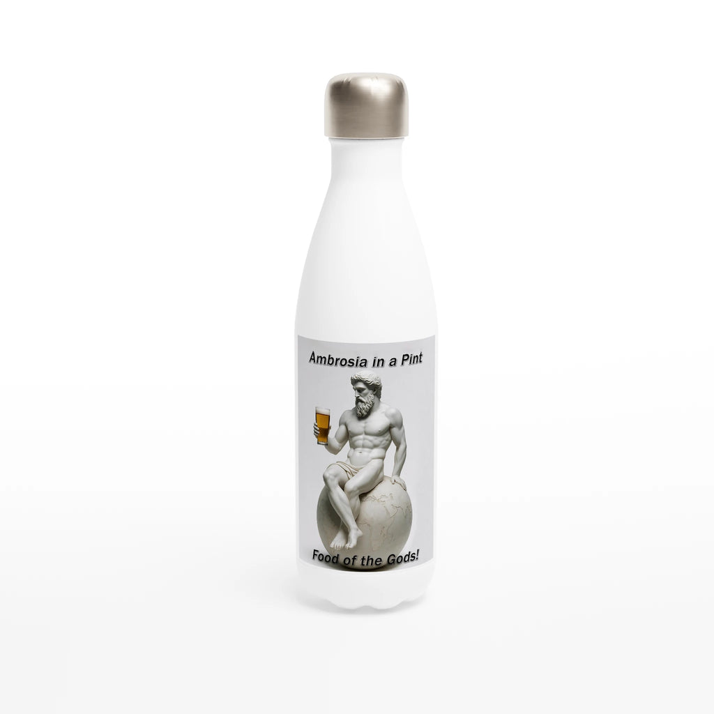 White water bottle with classical design and text on a white background