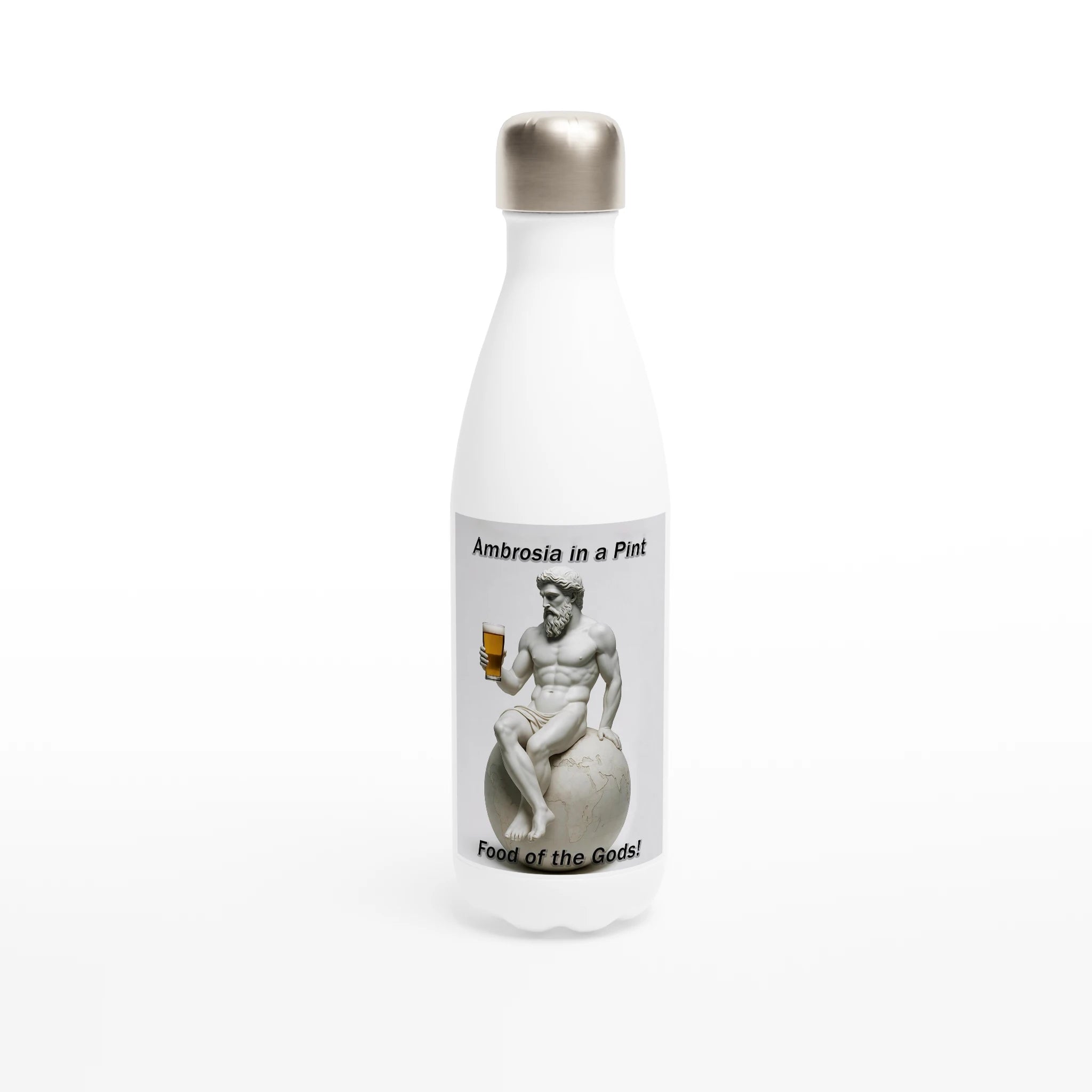 White water bottle with classical design and text on a white background