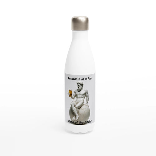 White water bottle with classical design and text on a white background