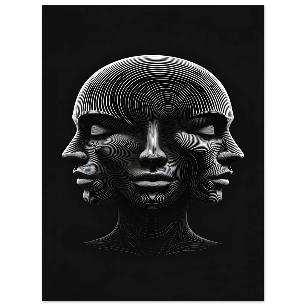 Black and white abstract art of a face with concentric circles on a black background