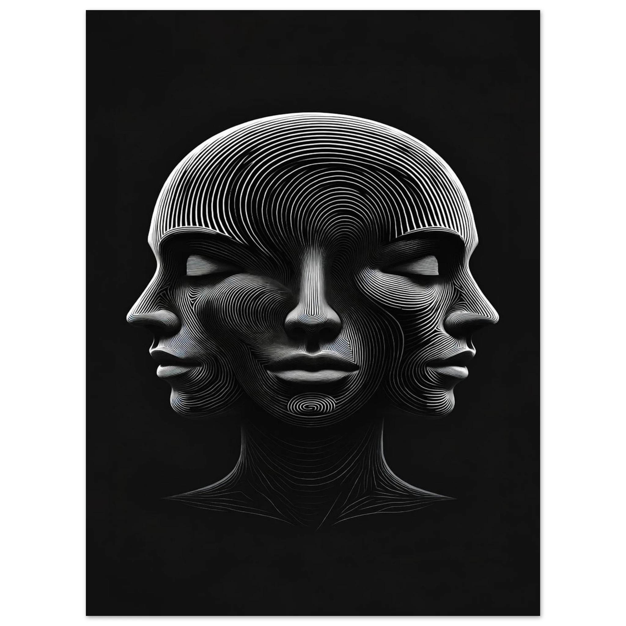 Black and white abstract art of a face with concentric circles on a black background