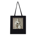 Black tote bag with a statue holding a coffee cup and 'Even Gods Need Coffee' text on a white background