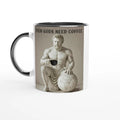 Mug with a classical statue design and 'Even Gods Need Coffee' text on a beige background