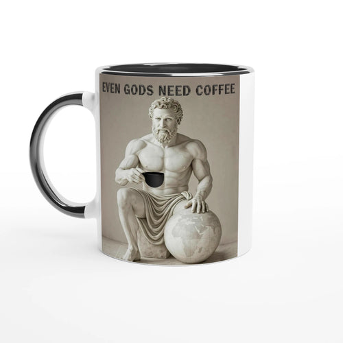 Mug with a classical statue design and 'Even Gods Need Coffee' text on a beige background