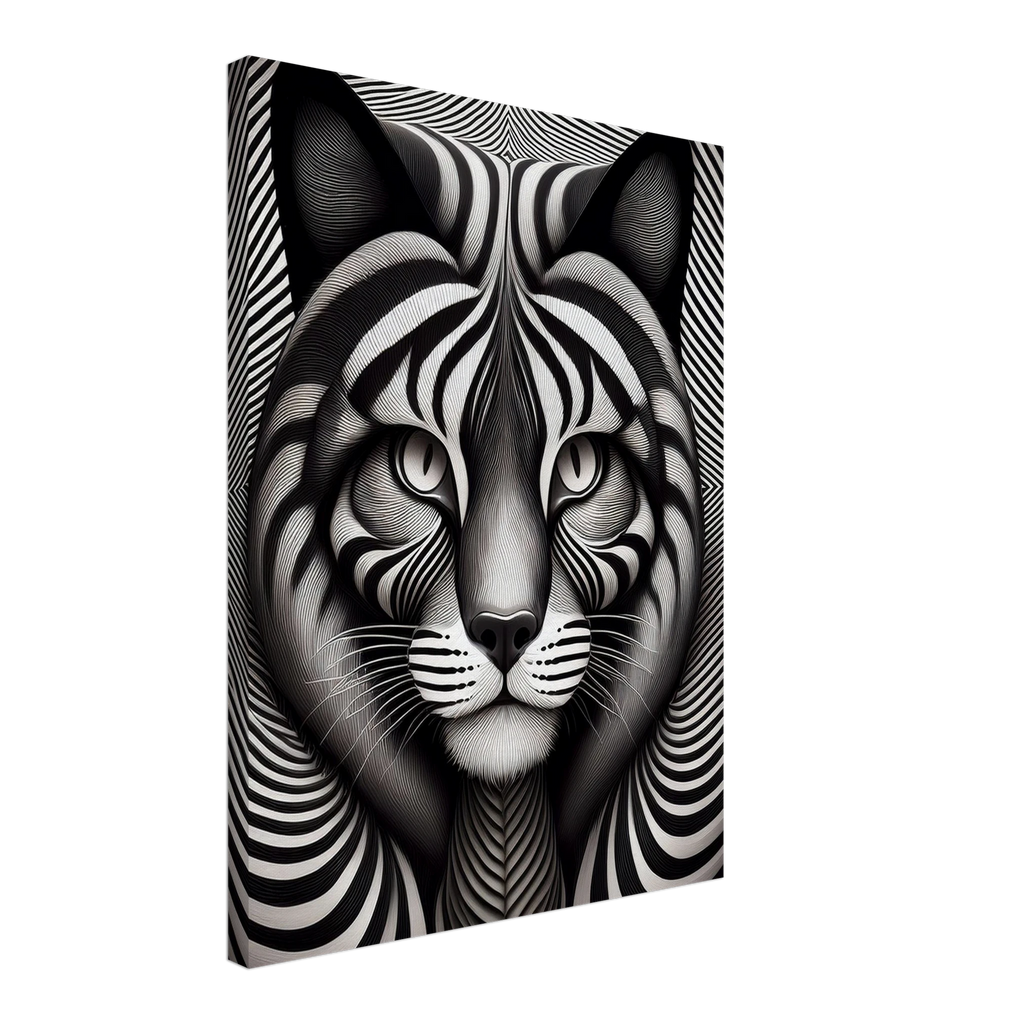 Optical illusion cat canvas art hanging in modern living room above grey sofa with minimalist decor