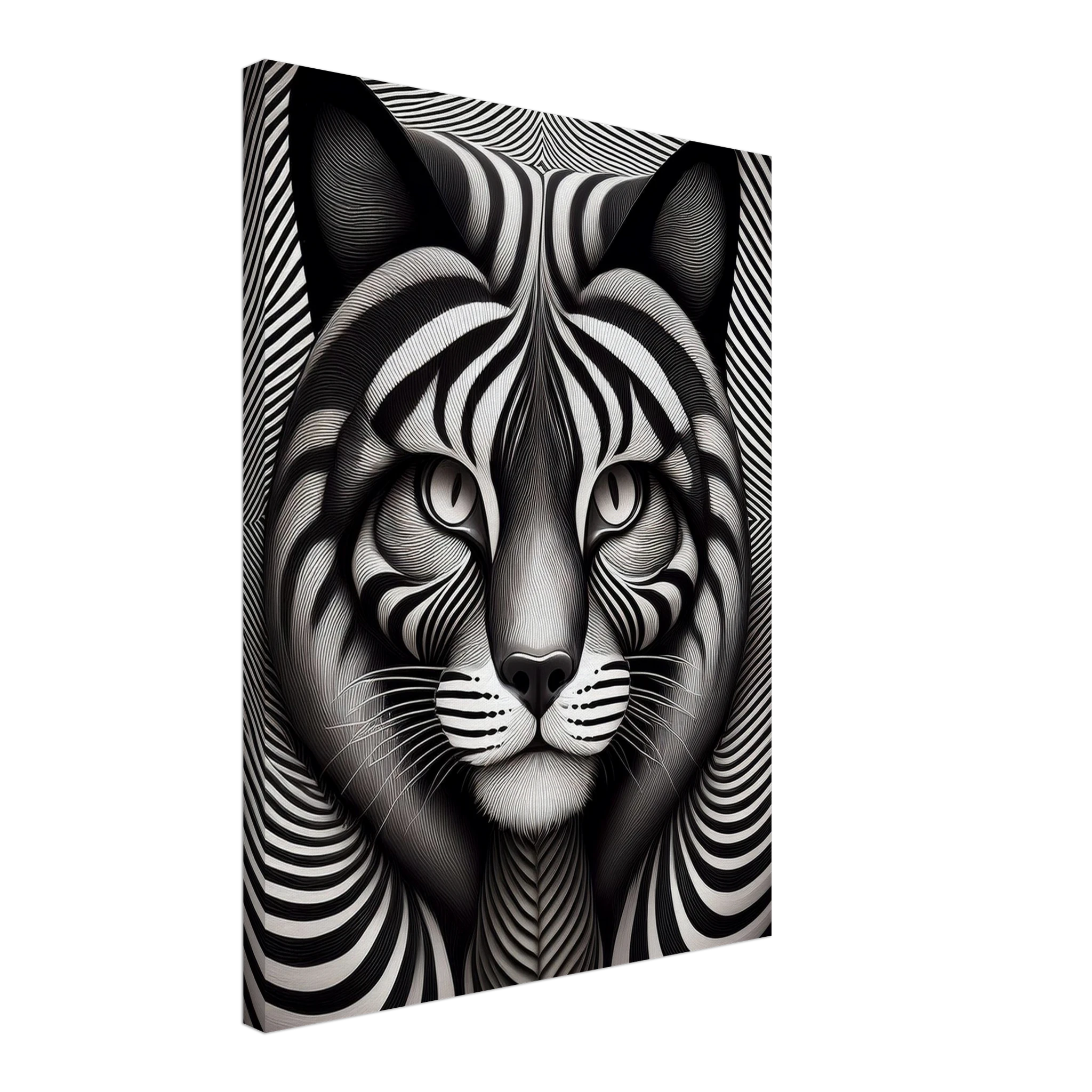 Optical illusion cat canvas art hanging in modern living room above grey sofa with minimalist decor