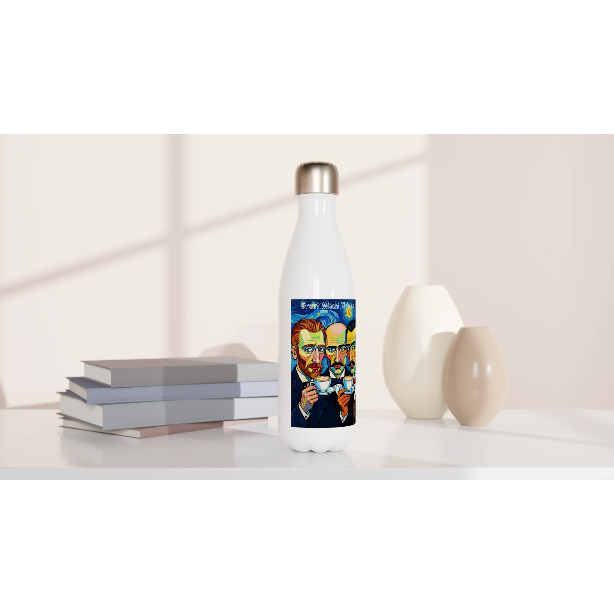 Great Minds Think Alike water bottle - Picasso Dali Van Gogh coffee art 17oz stainless steel