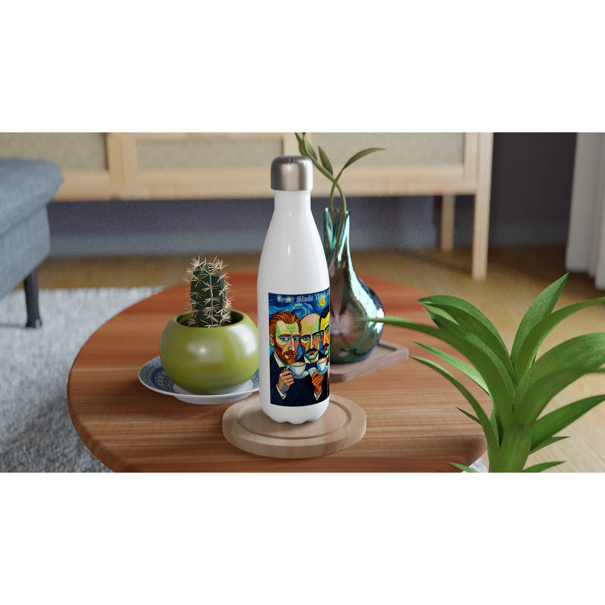 Great Minds Think Alike water bottle - Picasso Dali Van Gogh coffee art 17oz stainless steel