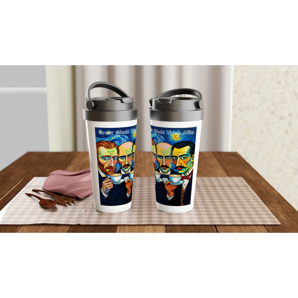 Two travel mugs with artistic designs on a wooden table.