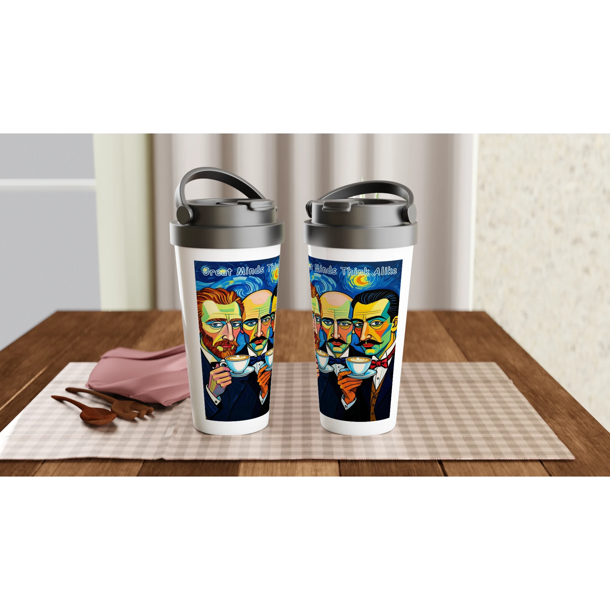 Two travel mugs with artistic designs on a wooden table.