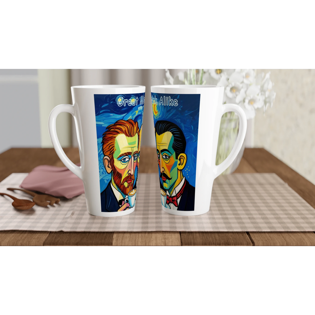 Two mugs with artistic portraits on a checkered tablecloth