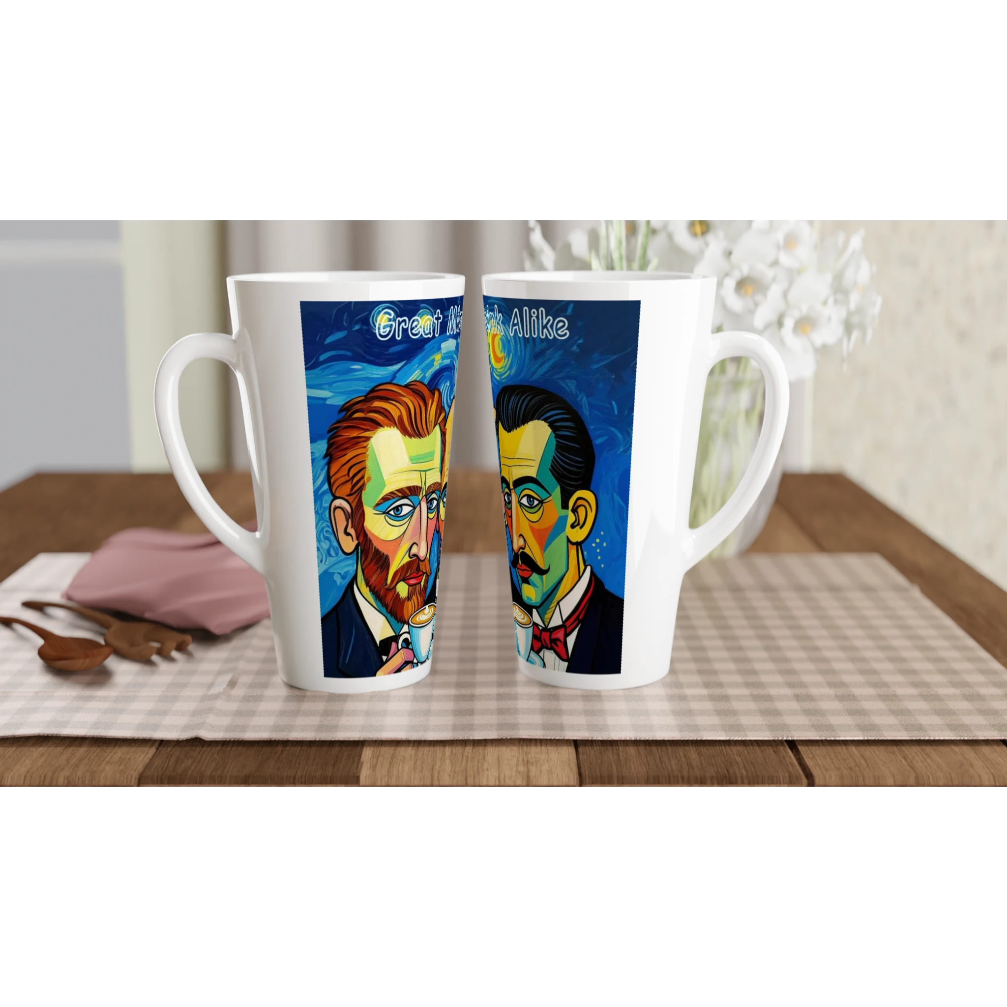 Two mugs with artistic portraits on a checkered tablecloth