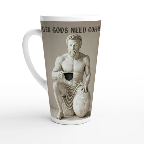 Mug with a classical statue design and text 'Even gods need coffee' on a beige background