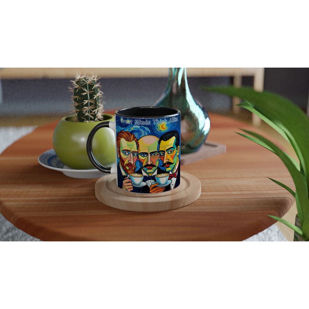 Colorful mug with artistic design on a wooden table with plants and decor.