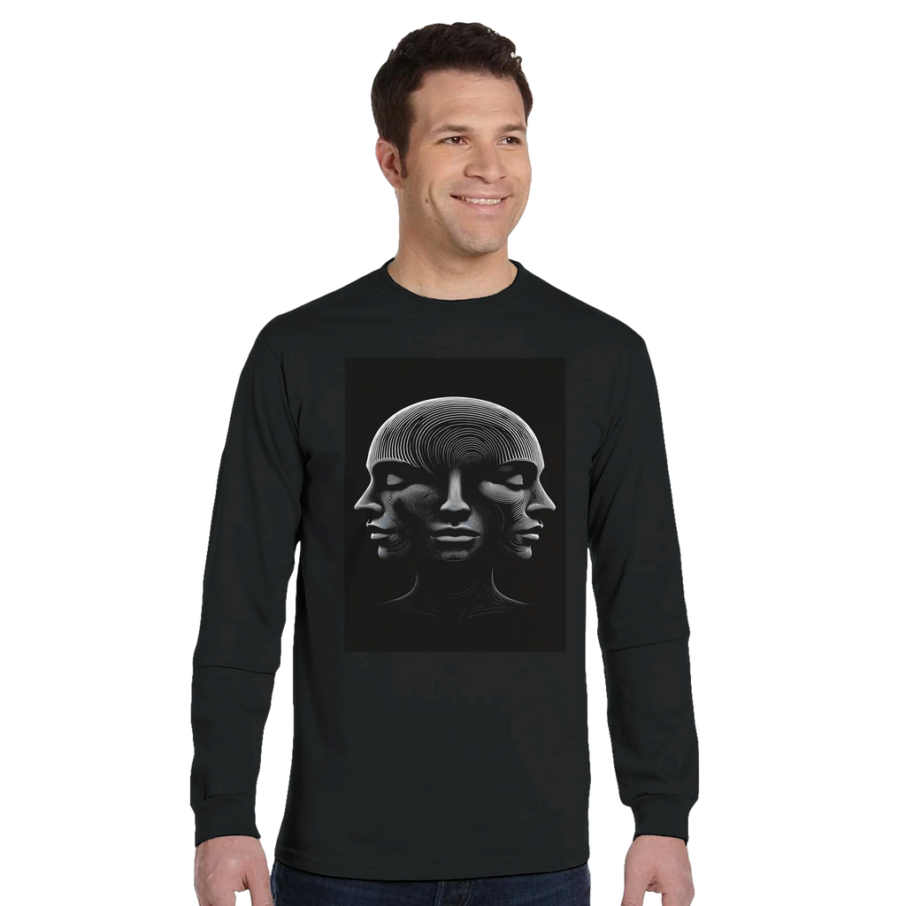 Man wearing a black long-sleeve shirt with a graphic design on a white background