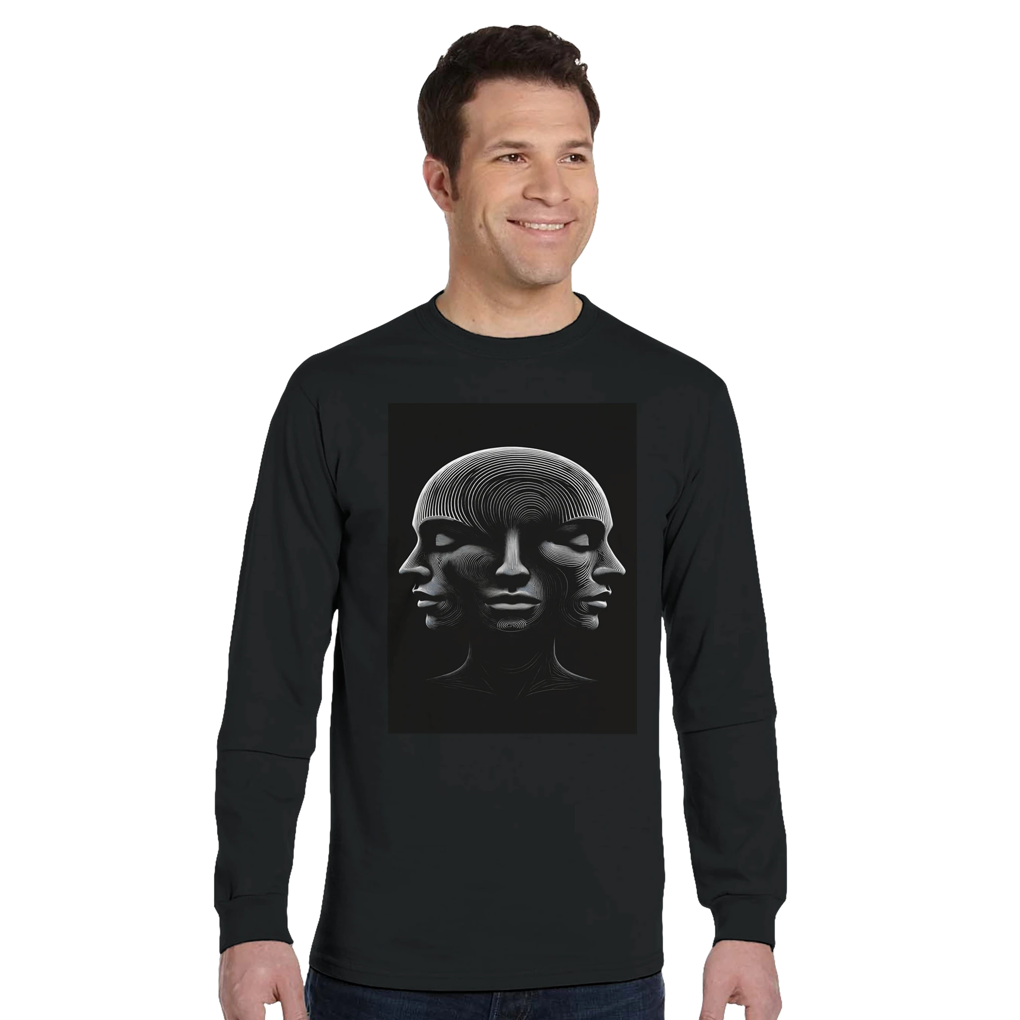 Man wearing a black long-sleeve shirt with a graphic design on a white background