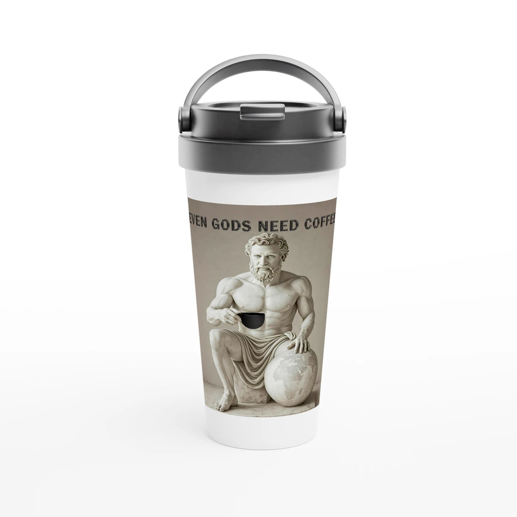 Tumbler with a classical statue design and text on a white background