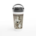Tumbler with a classical statue design and text on a white background