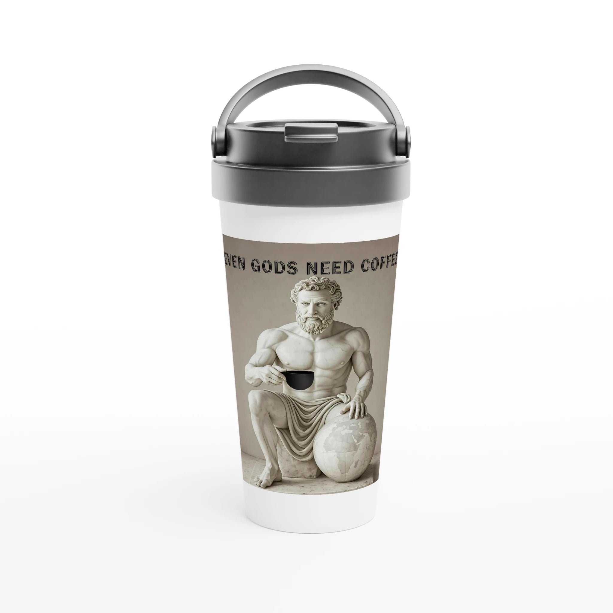Tumbler with a classical statue design and text on a white background