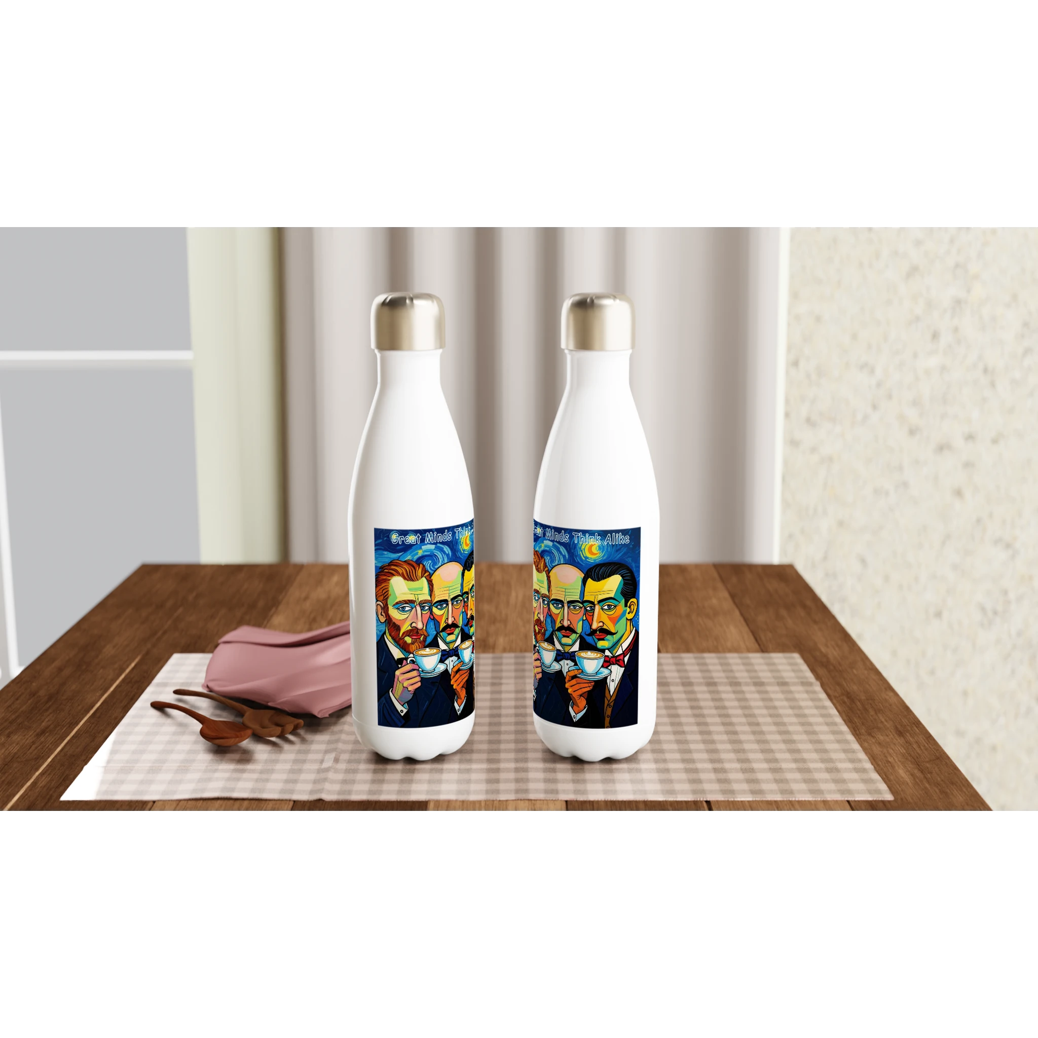 Great Minds Think Alike water bottle - Picasso Dali Van Gogh coffee art 17oz stainless steel