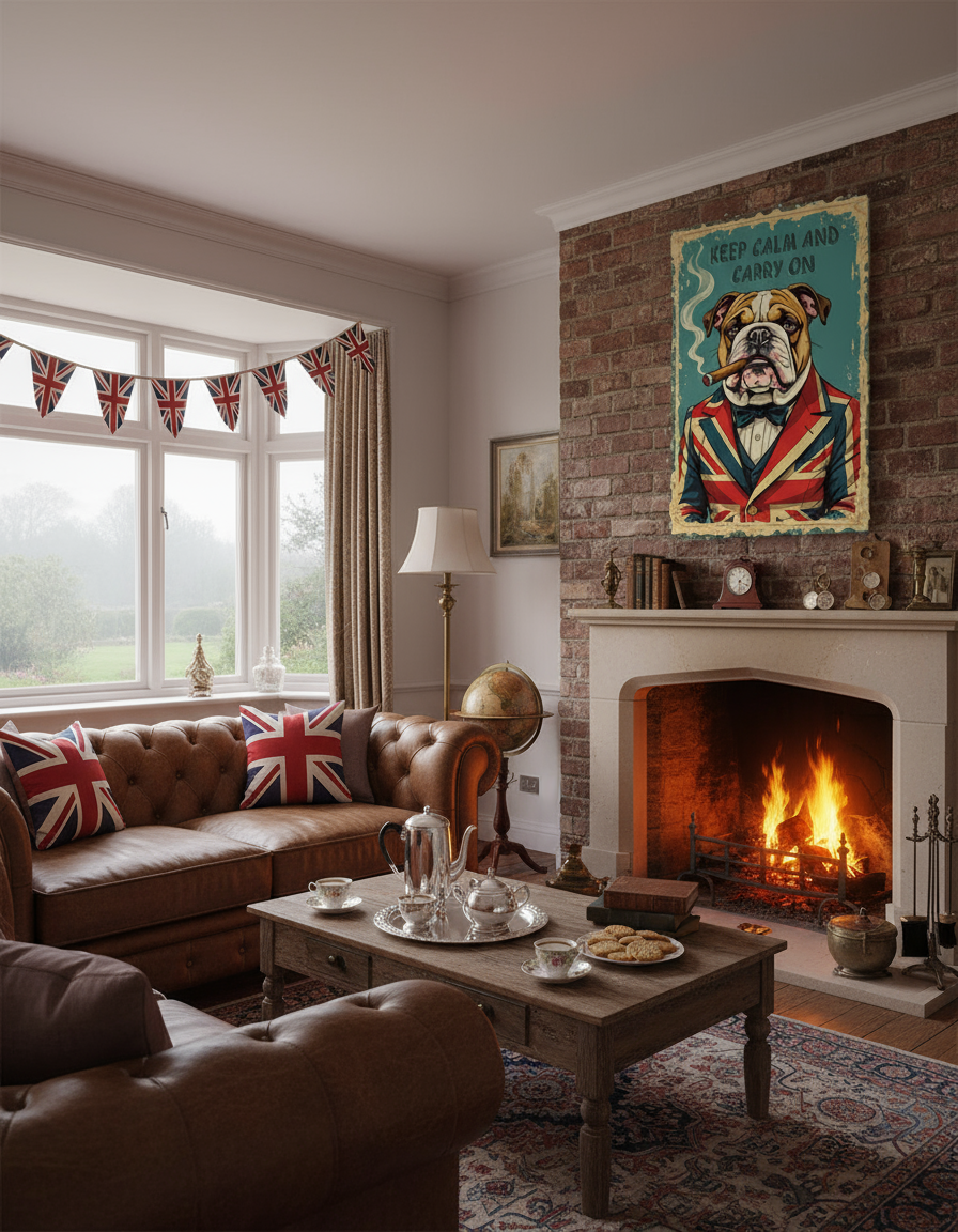 Featured on the wall in a quintessentially British living room with Chesterfield sofa, Union Jack pillows, and tea service 