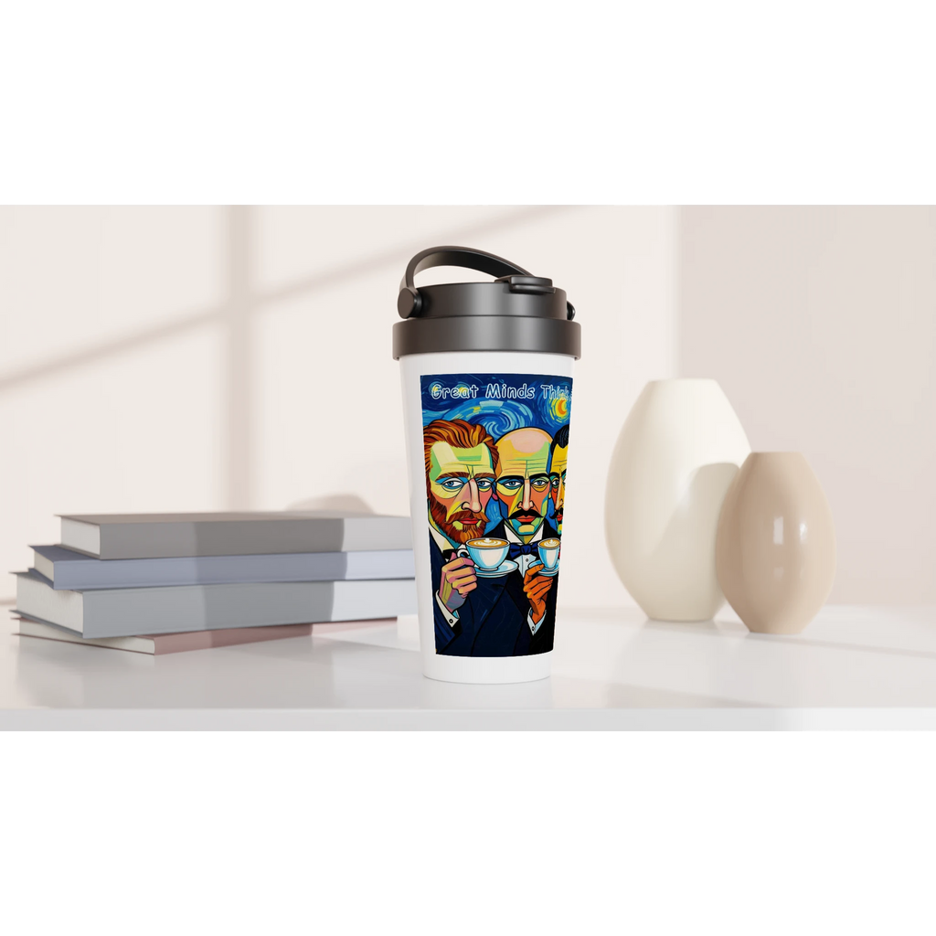 Travel mug with a colorful design of a famous artist on a white surface with books and vases.