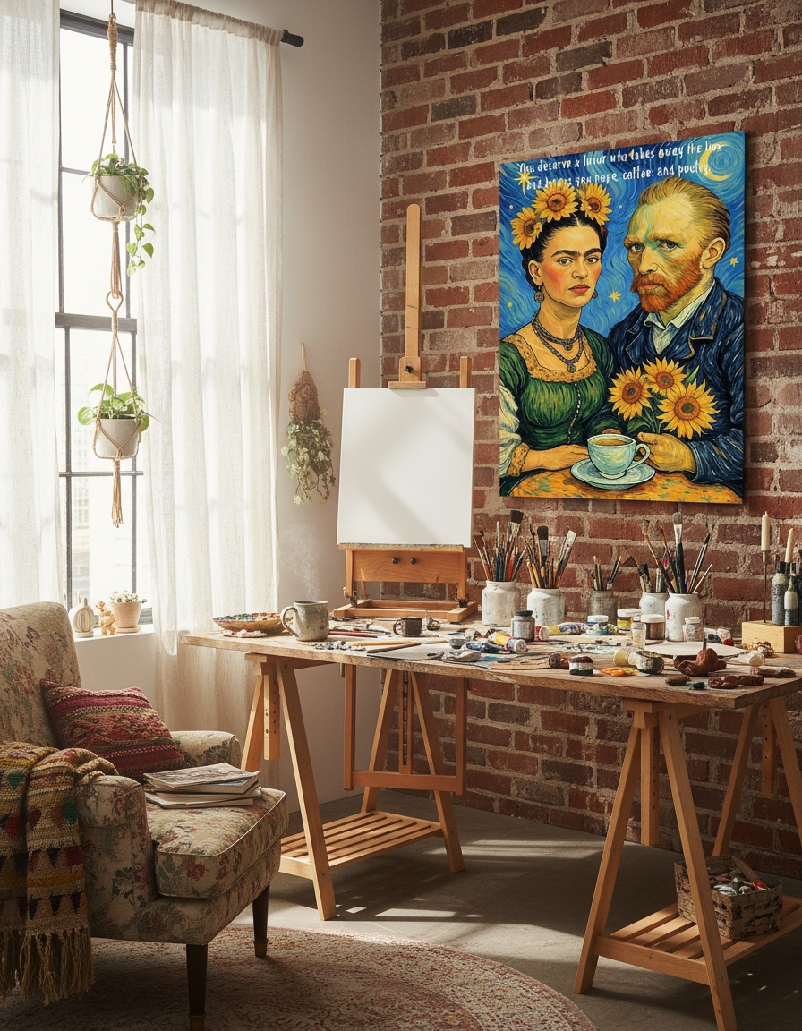 "Frida and Van Gogh coffee poetry print displayed in creative art studio workspace"