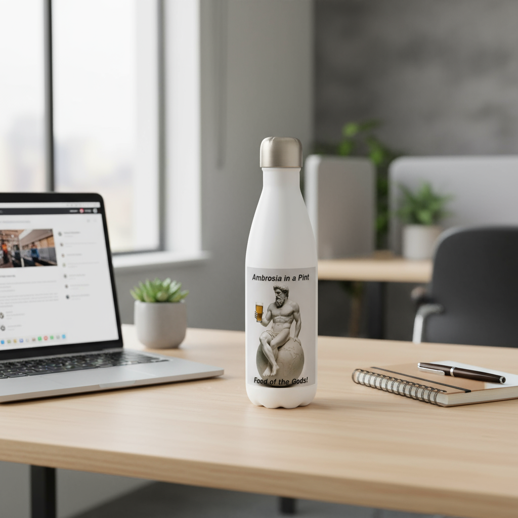 Atlas Ambrosia 17oz water bottle at desk - realistic scale