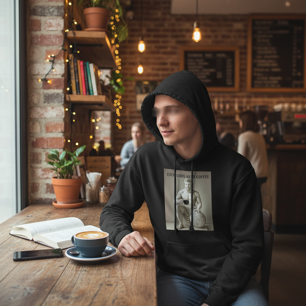 Atlas hoodie in coffee shop