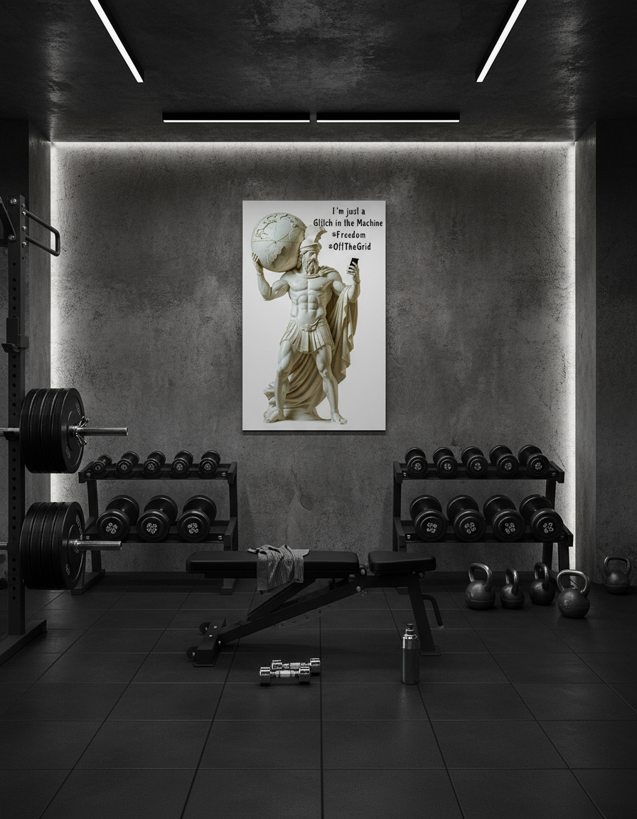Atlas Greek god statue carrying globe with motivational text I'm just a Glitch in the Machine Freedom Off The Grid - digital art print for rebels and free thinkers
