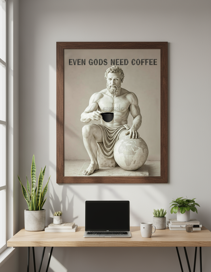 Atlas poster above desk in modern workspace