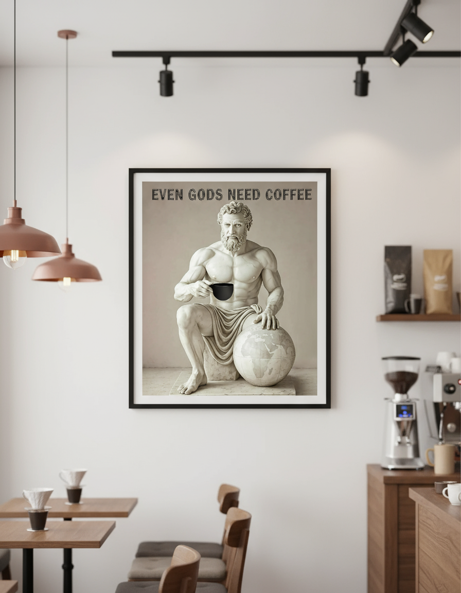 Atlas poster in coffee shop with espresso machine