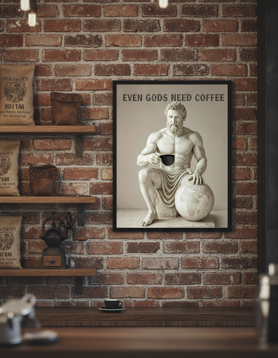 Atlas poster on brick wall in vintage cafe